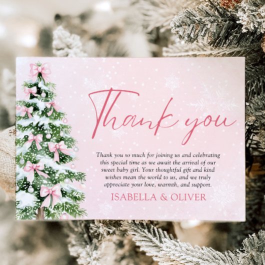 Pink Bows Christmas Tree Winter Thank you card サンキューカード