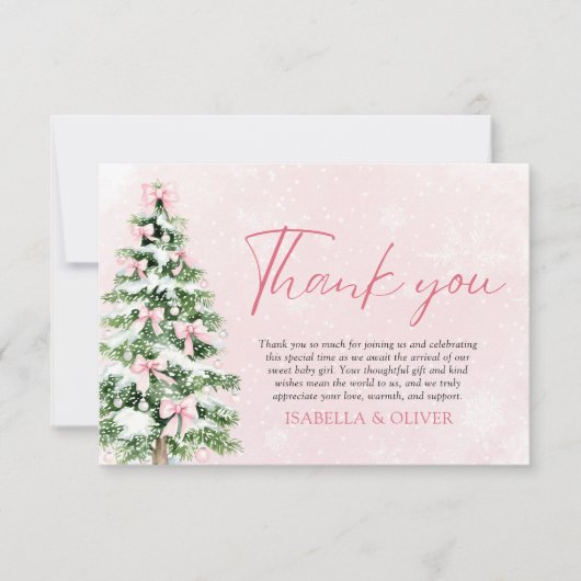 Pink Bows Christmas Tree Winter Thank you card 招待状 (正面)