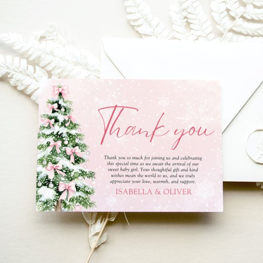 Pink Bows Christmas Tree Winter Thank you card 招待状