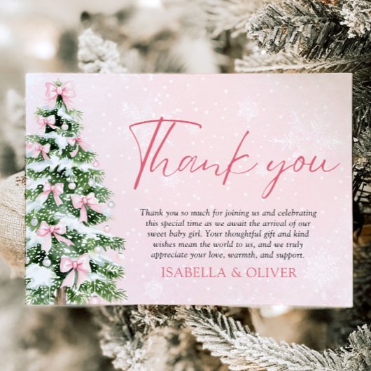Pink Bows Christmas Tree Winter Thank you card 招待状