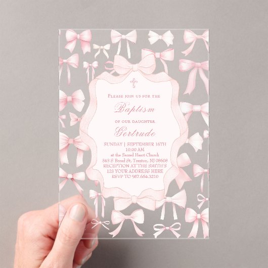 pink bows design Baptism Invitation アクリル招待状 (インサイチュ (ポータブル))