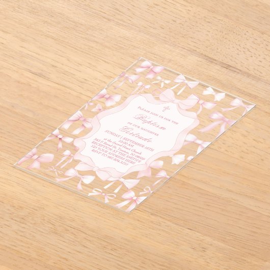 pink bows design Baptism Invitation アクリル招待状 (レイダウン)