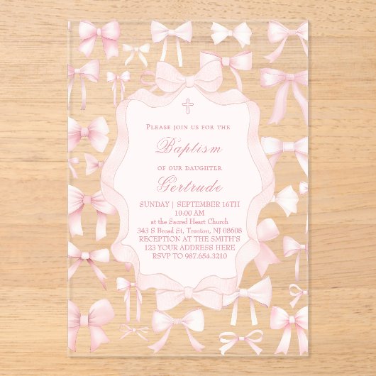 pink bows design Baptism Invitation アクリル招待状 (正面)