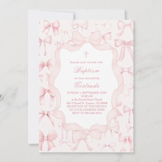 pink bows frame Baptism Invitation 招待状 (正面)