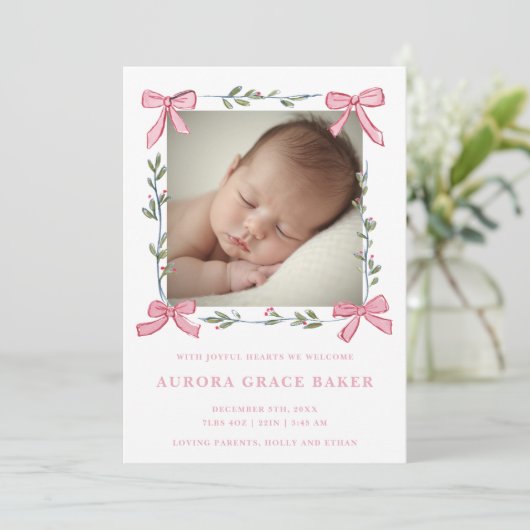 Pink Bows Greenery Christmas Berries Baby 案内状 (スタンド正面)
