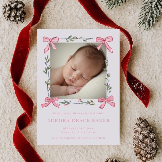 Pink Bows Greenery Christmas Berries Baby 案内状