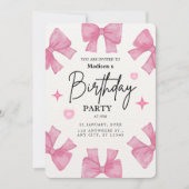 Pink Bows & Hearts Girl's Birthday Party  招待状 (正面)