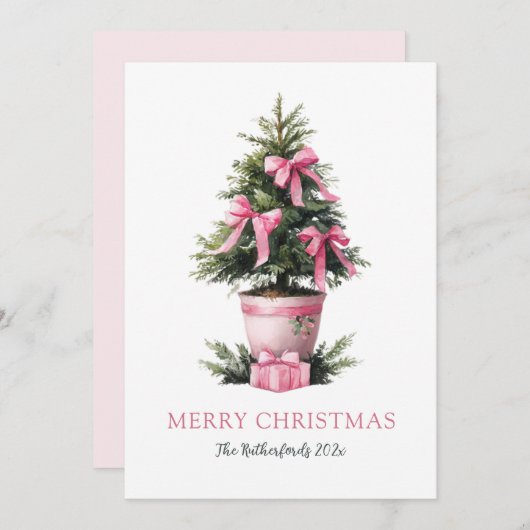 Pink Bows Merry Christmas Tree Card シーズンカード (正面/裏面)