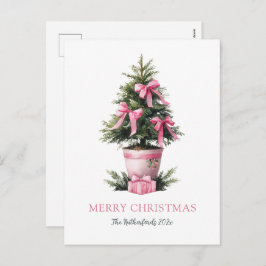 Pink Bows Merry Christmas Tree Postcard シーズンポストカード