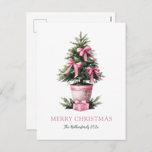 Pink Bows Merry Christmas Tree Postcard シーズンポストカード (正面/裏面)