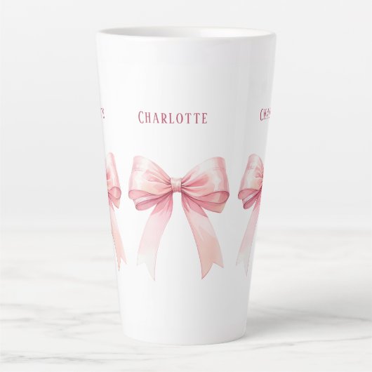 Pink bows script name カフェラテマグ (正面)