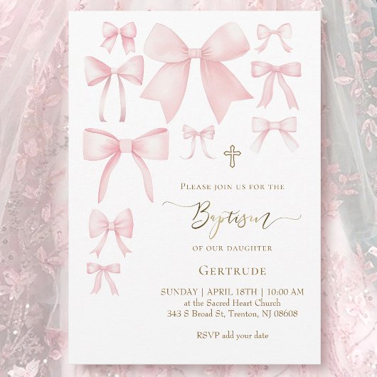 pink bows white background baby girl Baptism 招待状