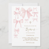 pink bows white background baby girl Baptism 招待状 (正面)