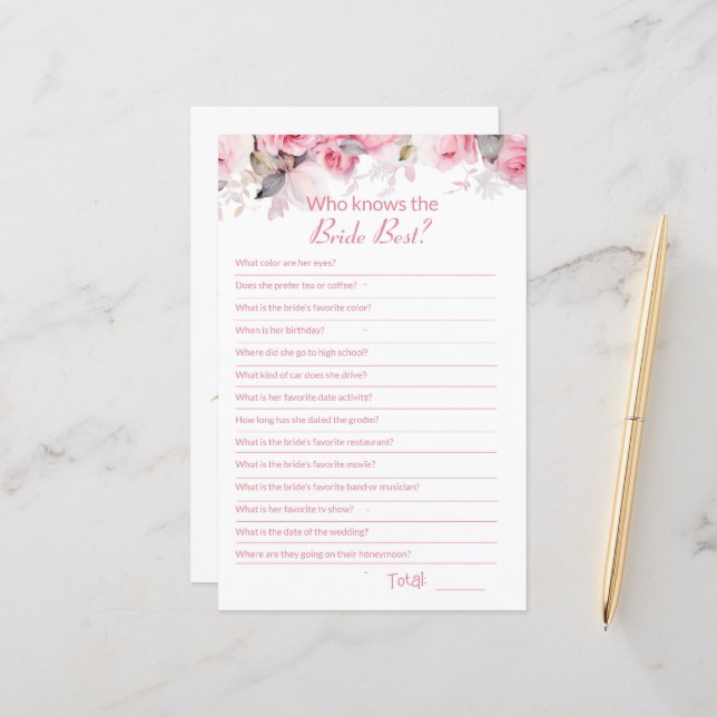 Pink Bridal Shower How well do you know Game Card (正面/裏面インサイチュ)