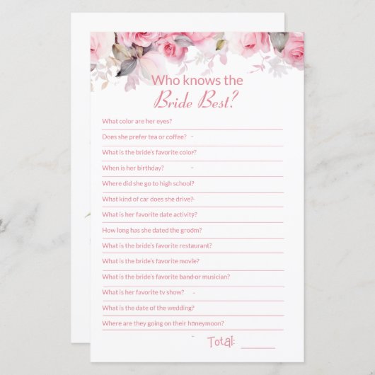 Pink Bridal Shower How well do you know Game Card (正面/裏面)