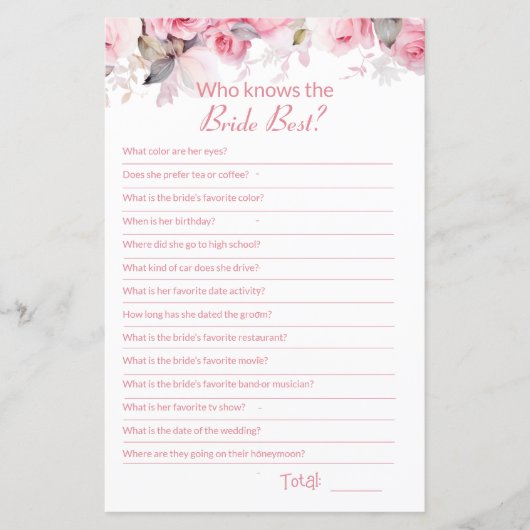 Pink Bridal Shower How well do you know Game Card (正面)