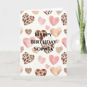 Pink Brown Cream Leopard Animal Hearts Birthday カード (正面)