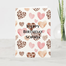 Pink Brown Cream Leopard Animal Hearts Birthday カード