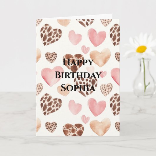 Pink Brown Cream Leopard Animal Hearts Birthday カード (小さな植物)