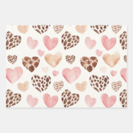 Pink Brown Cream Leopard Animal Hearts Birthday ラッピングペーパーシート