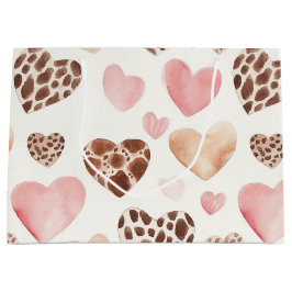 Pink Brown Cream Leopard Animal Hearts Birthday ラージペーパーバッグ