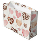 Pink Brown Cream Leopard Animal Hearts Birthday ラージペーパーバッグ (裏面アングル)