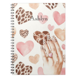 Pink Brown Cream Leopard Animal Hearts Hand ノートブック