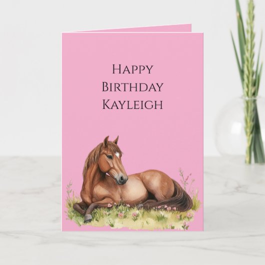 Pink Brown Horse Birthday カード (正面)