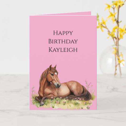 Pink Brown Horse Birthday カード (黄色い花)