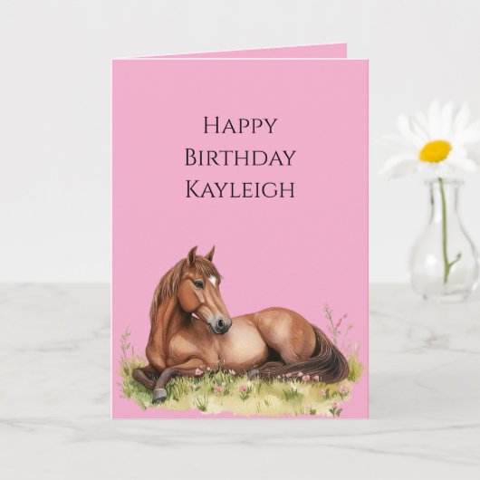 Pink Brown Horse Birthday カード (小さな植物)