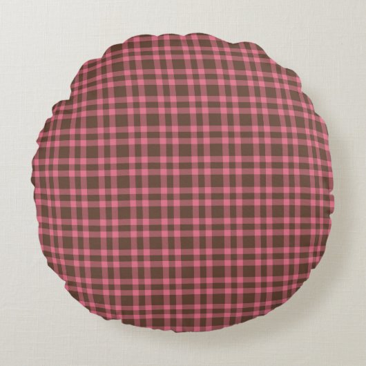 Pink Brown Plaid Pattern ラウンドクッション (正面)