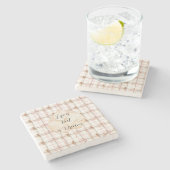 Pink Brown White Plaid Stripes Leaf ストーンコースター (横)