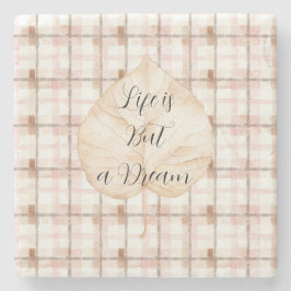 Pink Brown White Plaid Stripes Leaf ストーンコースター