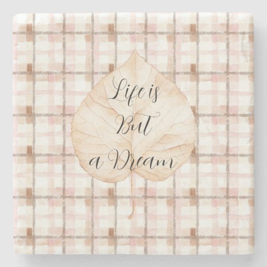 Pink Brown White Plaid Stripes Leaf ストーンコースター (正面)
