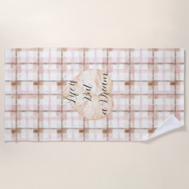 Pink Brown White Plaid Stripes Leaf ビーチタオル