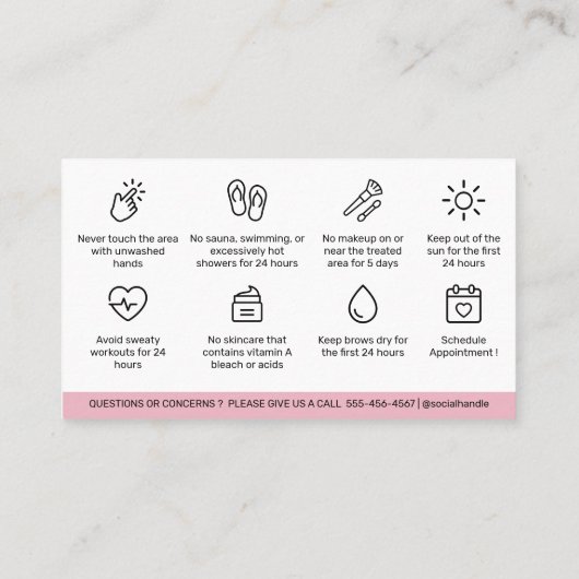 Pink Brows AfterCare PMU Browモダンの説明 名刺 (裏面)