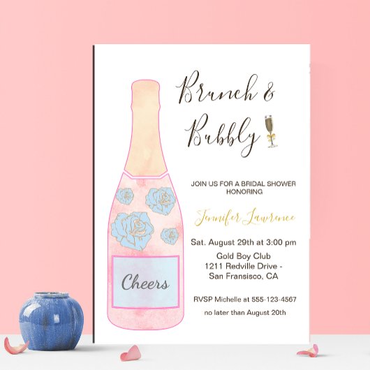 Pink Brunch Bubbly Champagne Bottle Bridal Shower 招待状