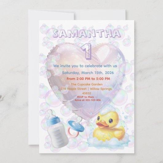 Pink Bubble Duck 1st Birthday Invite 招待状 (正面)