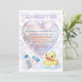Pink Bubble Duck 1st Birthday Invite 招待状 (スタンド正面)