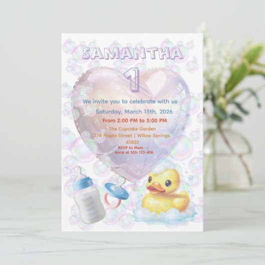 Pink Bubble Duck 1st Birthday Invite 招待状 (スタンド正面)