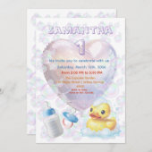 Pink Bubble Duck 1st Birthday Invite 招待状 (正面/裏面)