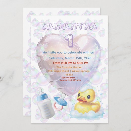 Pink Bubble Duck 1st Birthday Invite 招待状 (正面/裏面)