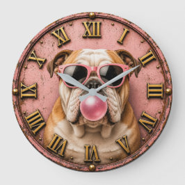 Pink Bubble Gum Bulldog with Sunglasses ラージ壁時計