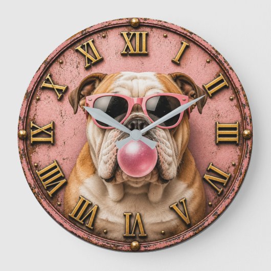Pink Bubble Gum Bulldog with Sunglasses ラージ壁時計 (正面)