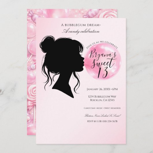 Pink Bubblegum Dream Candy Birthday Celebration   招待状 (正面/裏面)