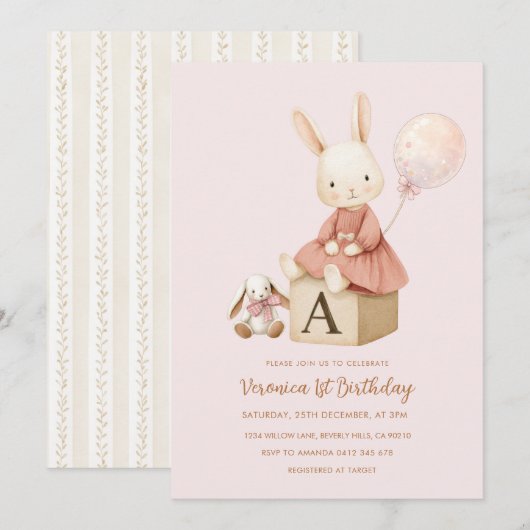 Pink Bunny 1st Birthday 招待状 (正面/裏面)