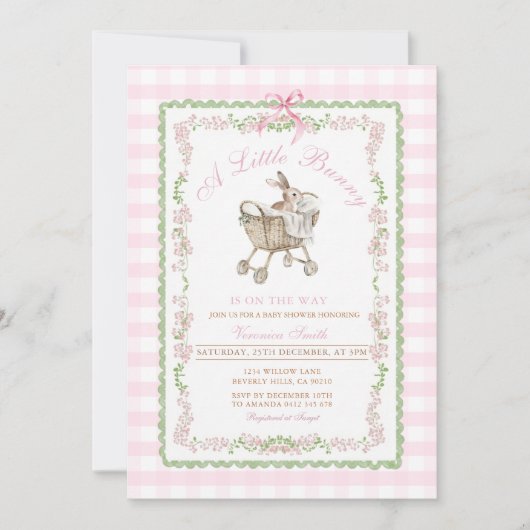 Pink Bunny Baby Shower Watercolor Grandmillennial  招待状 (正面)