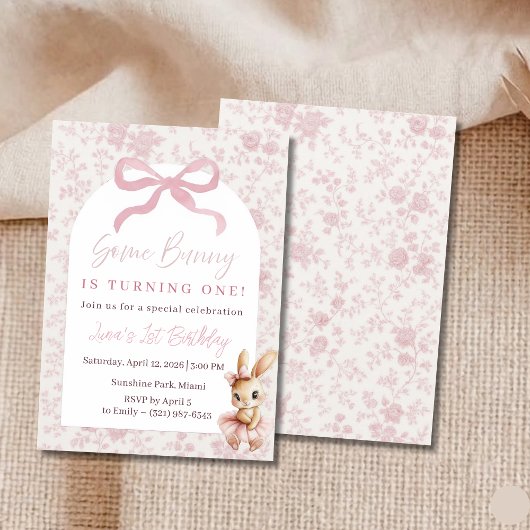 Pink Bunny First Birthday Invitation Girl Party 招待状