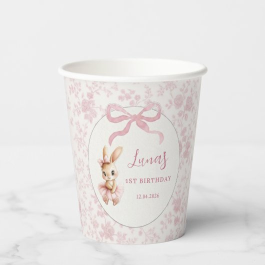 Pink Bunny First Birthday Personalized Party Cups 紙コップ (裏面)