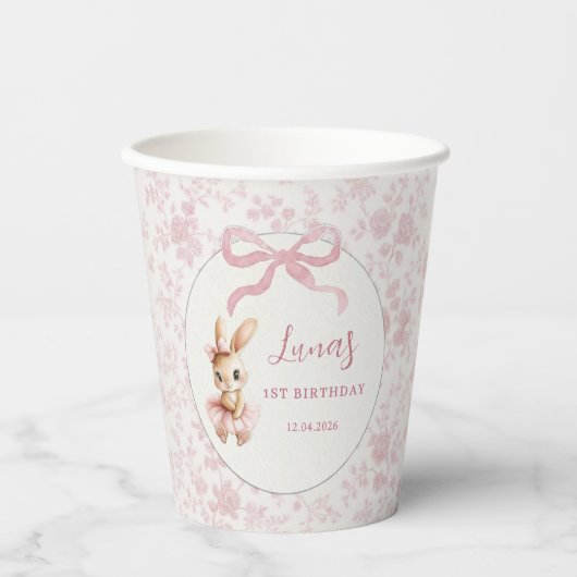 Pink Bunny First Birthday Personalized Party Cups 紙コップ (正面)